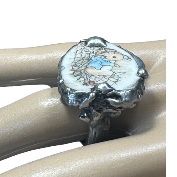 SOLD! Peter Rabbit Broken China & Spoon Artisan Ring Upcycled & Boho Silver Meta - Picture 3 of 17